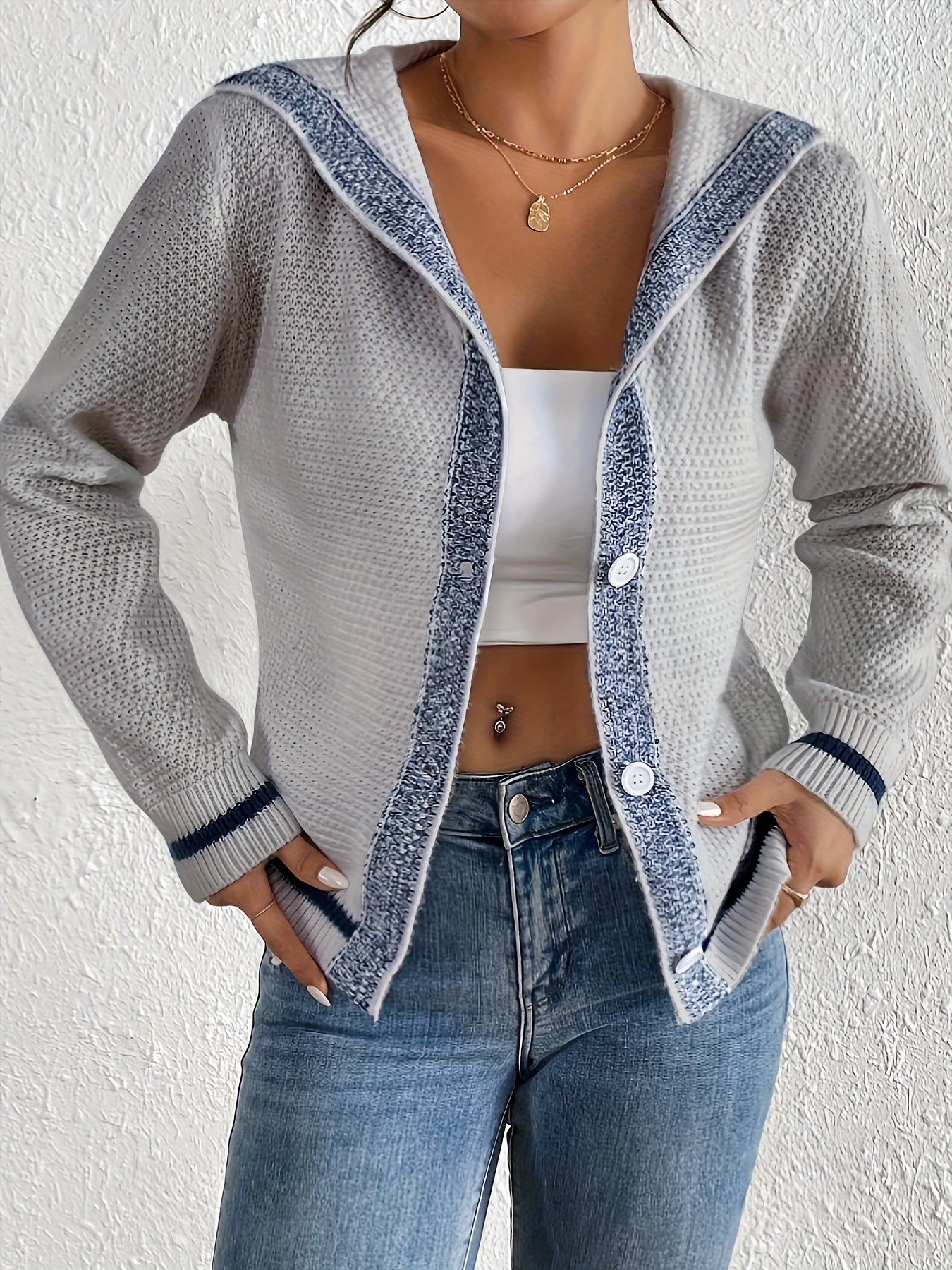 Womens Elegant Color Block Button Front Cardigan for Casual Wear