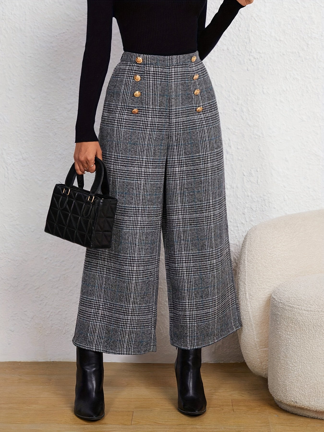 Plaid Print Wide Leg Pants With Button High Waist For All Season Spring And Summer