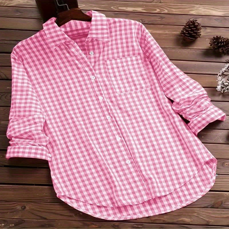 Vintage Gingham Shirt For Women Long Sleeve Button Up