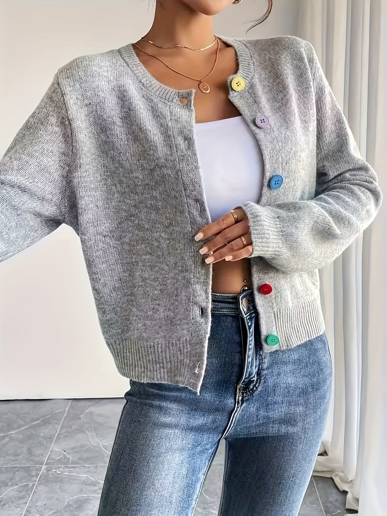 Womens Cardigan Sweater With Button Details Crew Neck
