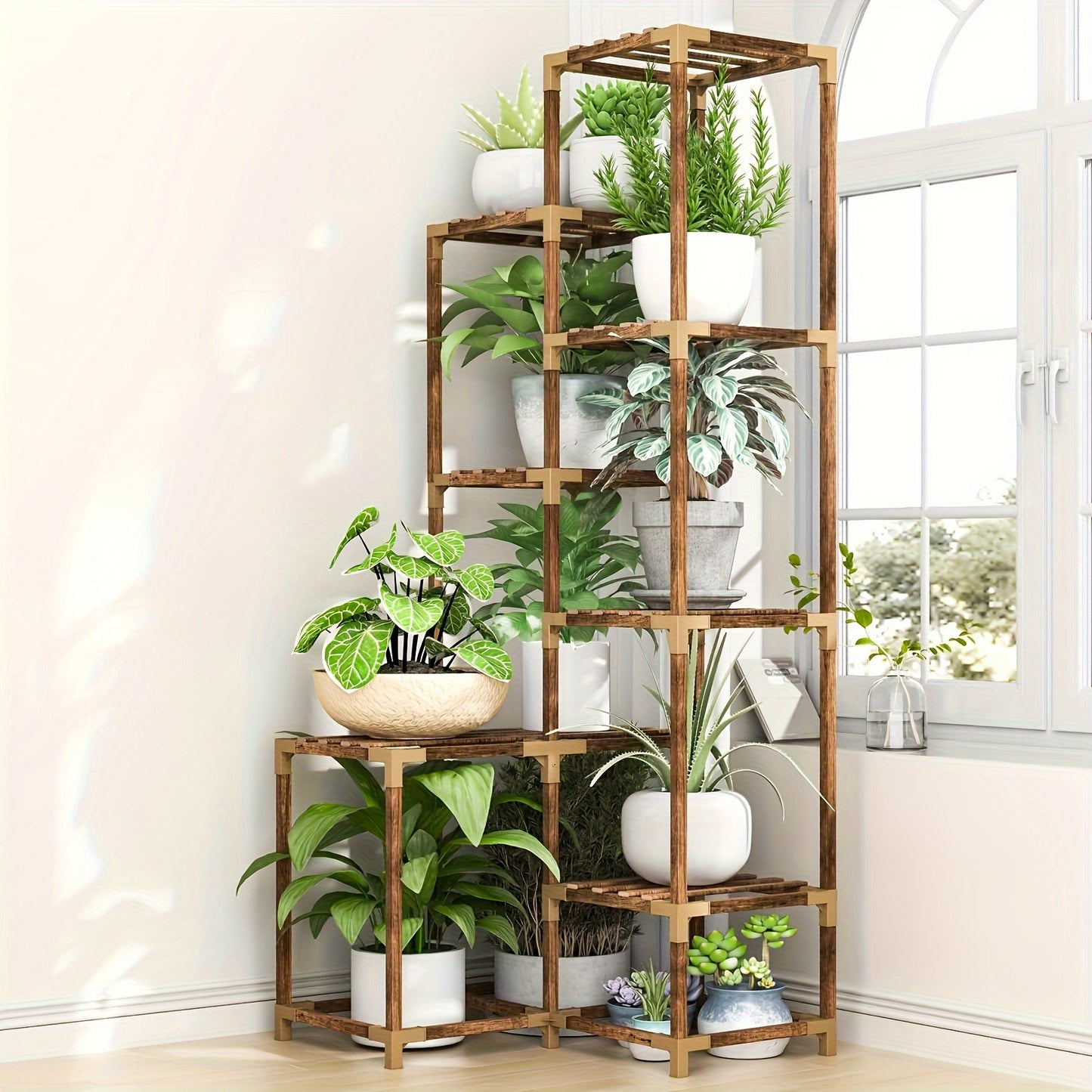Multi-Tiered Wooden Plant Stand for Indoor and Outdoor Decor
