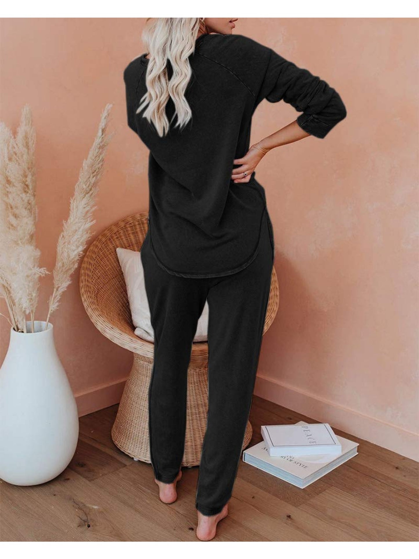 Women Solid Sweatsuit Set Crewneck Pullover Sweatpants