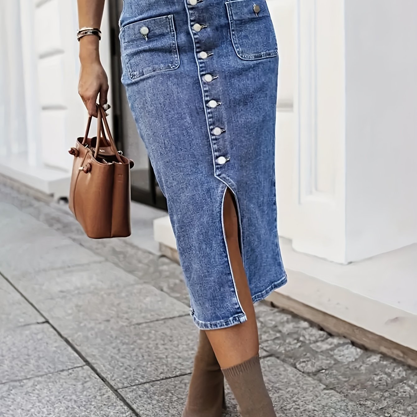 Elegant Denim Midi Skirt With Button Front And Slits