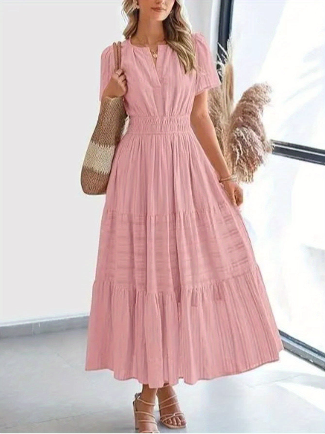 ZOELNIC Pleated Bubble Sleeve Dress V Neck Elegant Swing