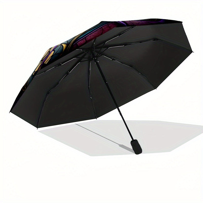 Windproof Automatic Umbrella with Elegant Purple and Golden Stained Glass Dragonfly Pattern Portable Folding Design Lightweight for Women and Men
