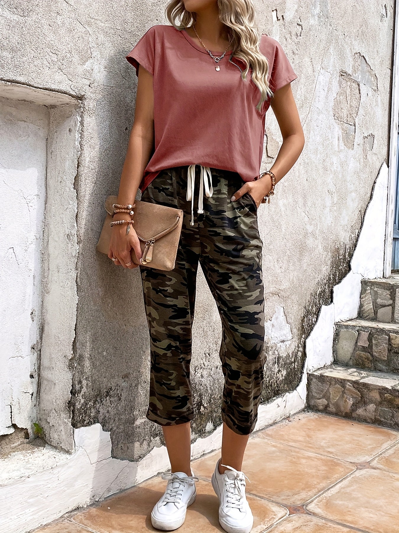 SCACTO Dolman Sleeve T Shirt Camouflage Drawstring Pants Set