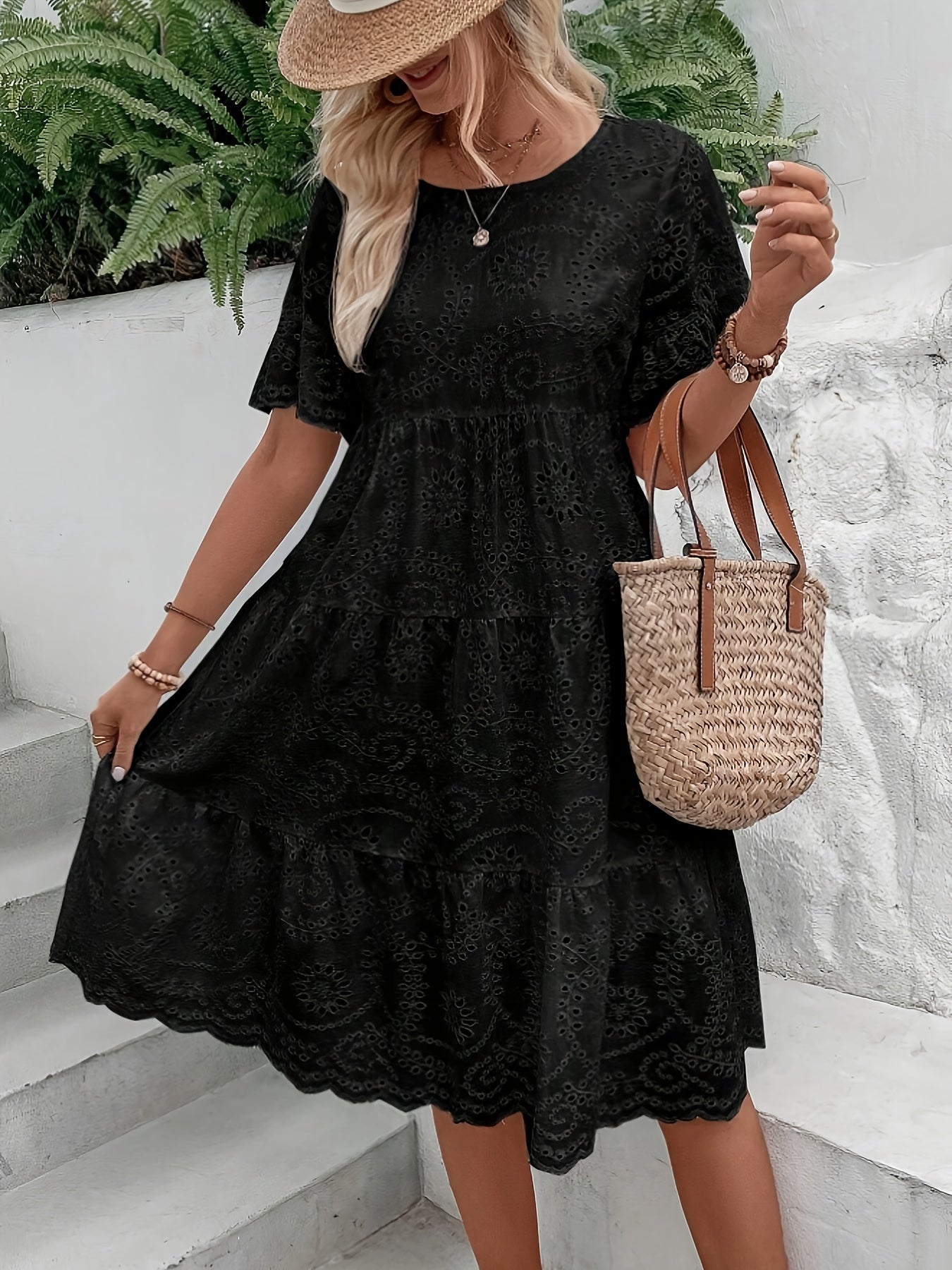 Lined Embroidered Lace Eyelet A Line Dress Button Front