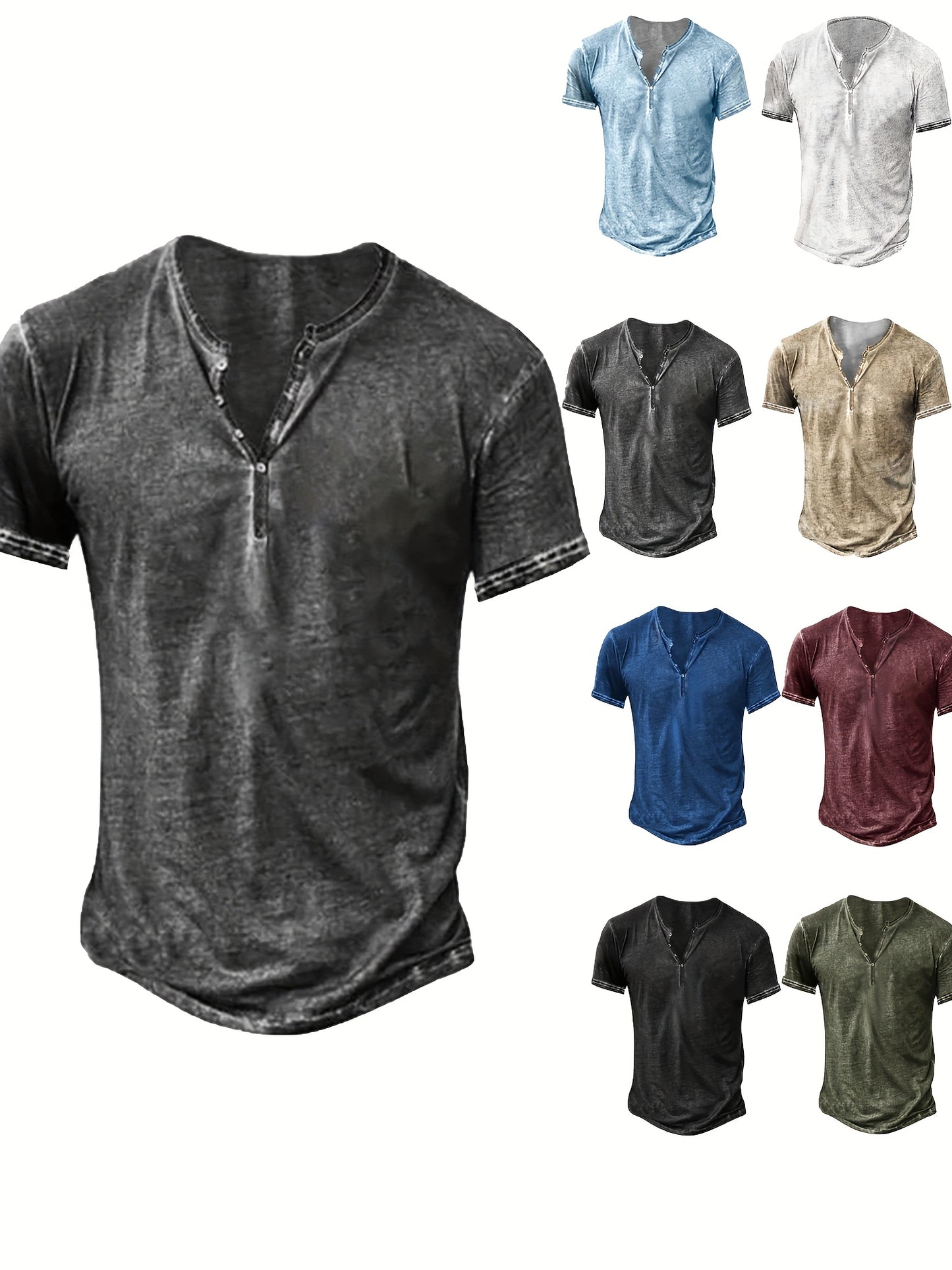 Mens Distressed Henley Shirt Short Sleeve Cotton Slim Fit