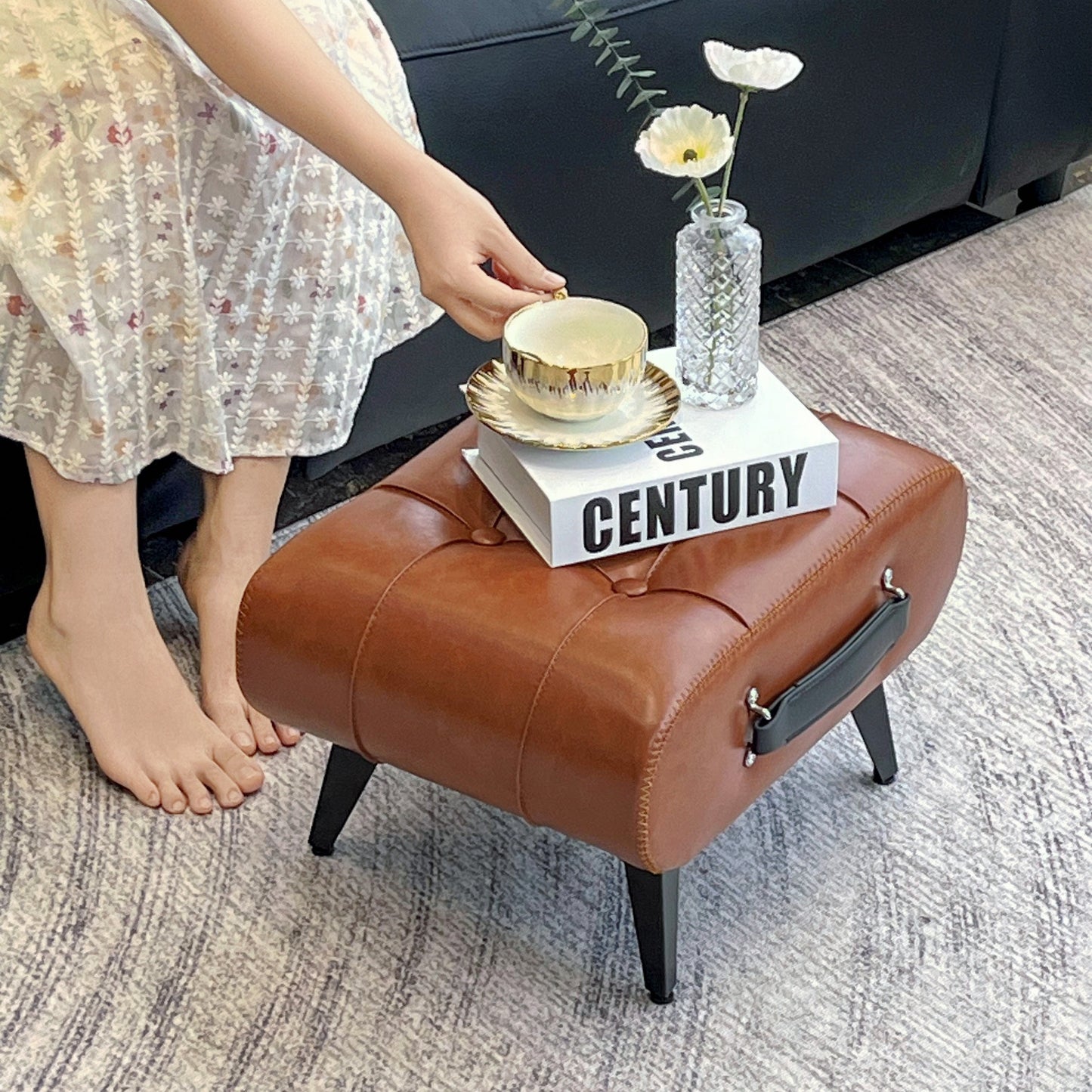 Stylish Leather Stool Oil Wax Finish Low Footstool Pro