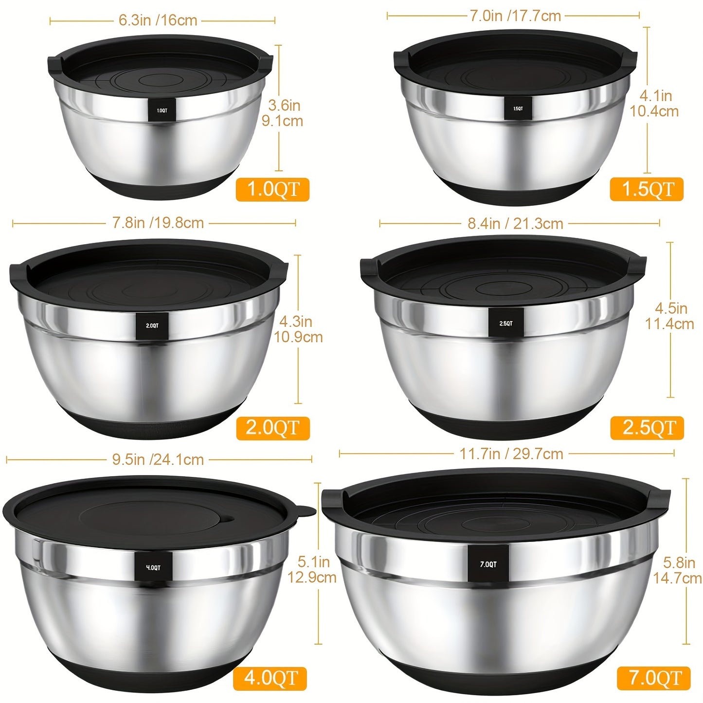 Stainless Steel Mixing Bowls Set with Airtight Lids and Tools