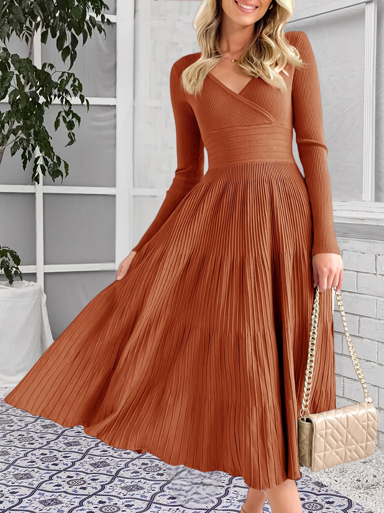 Womens V Neck Midi Sweater Dress Wrap Pleated A Line