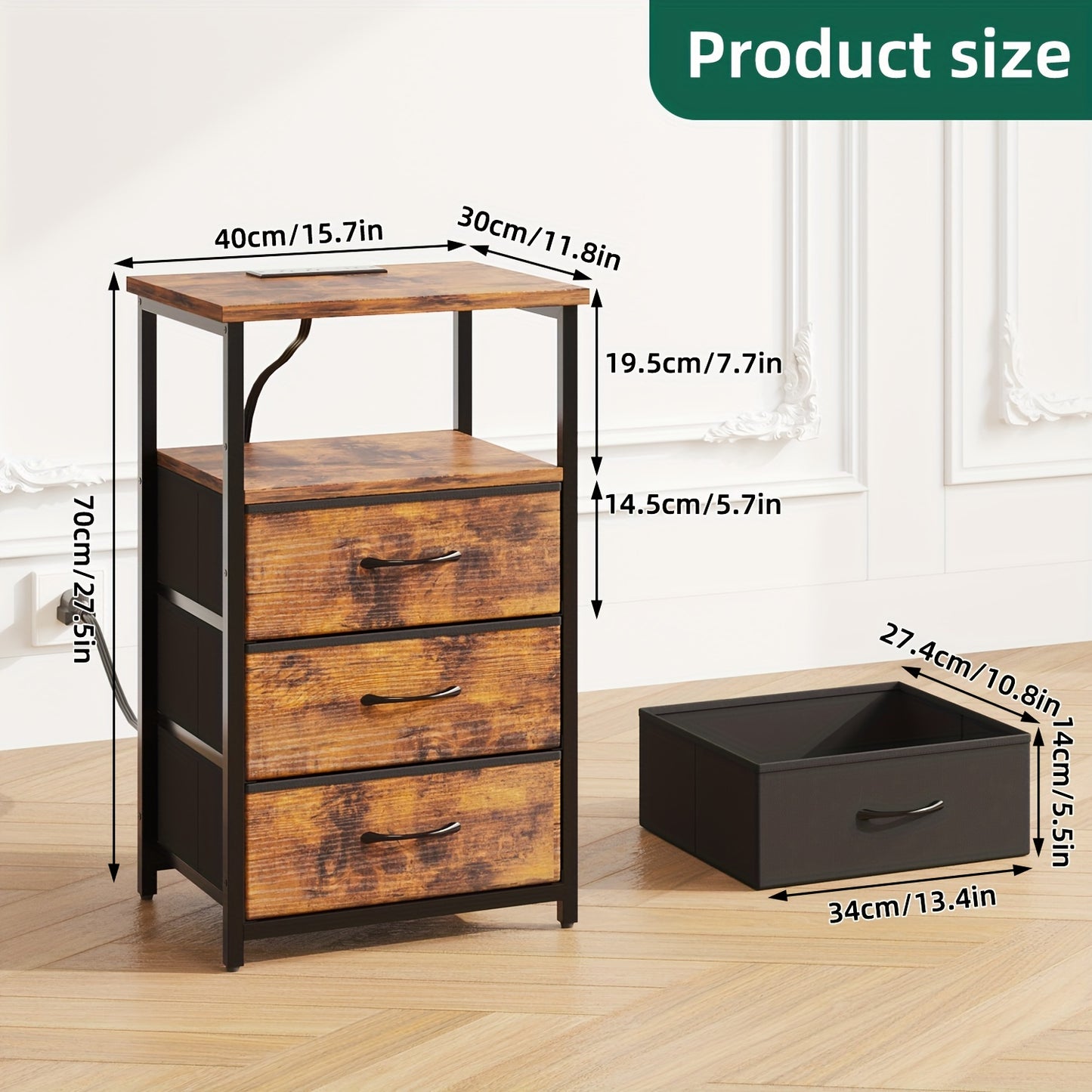 WHONLINE Night Stand with Charging Station and Fabric Drawers