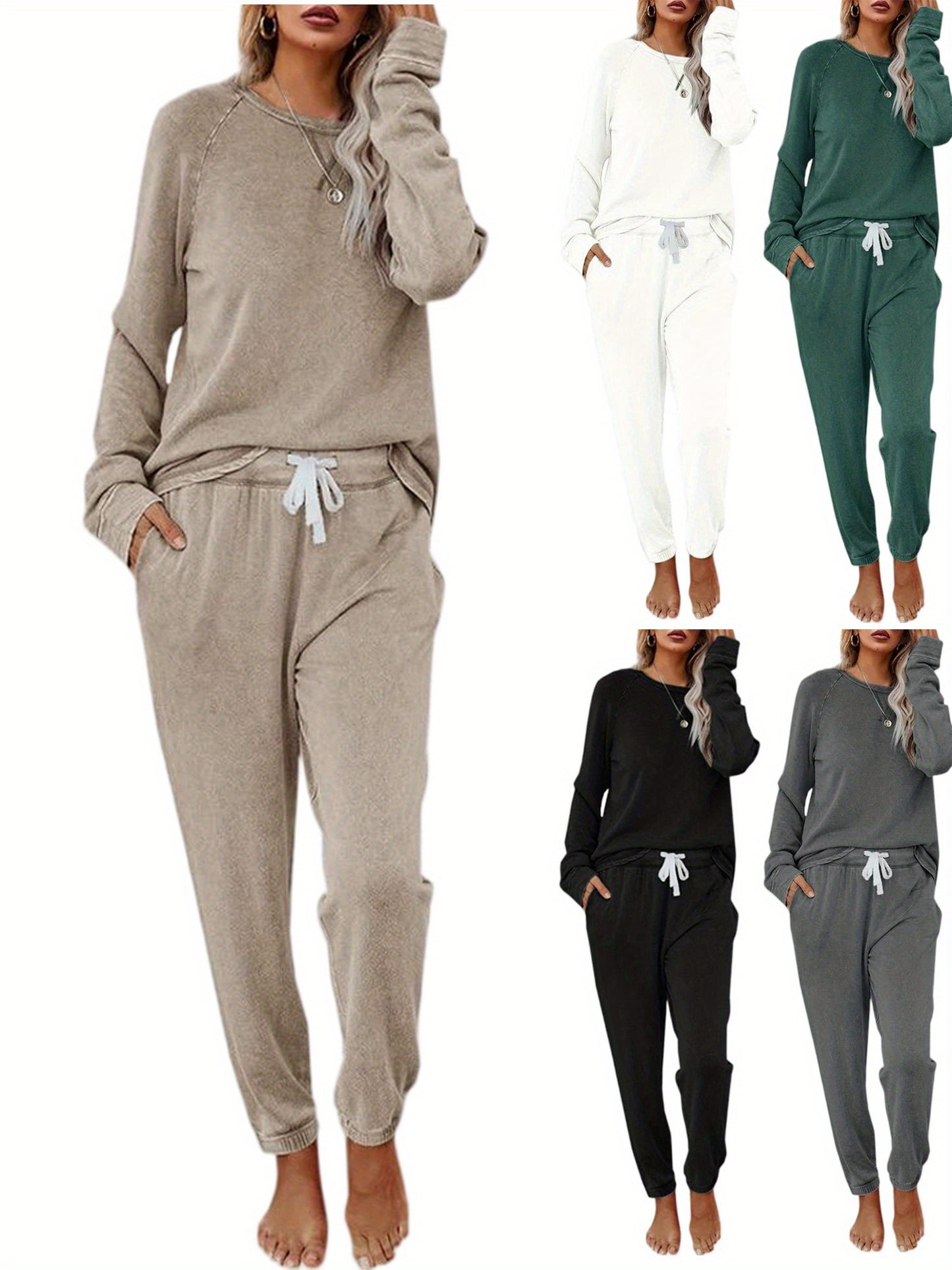 Women Solid Sweatsuit Set Crewneck Pullover Sweatpants