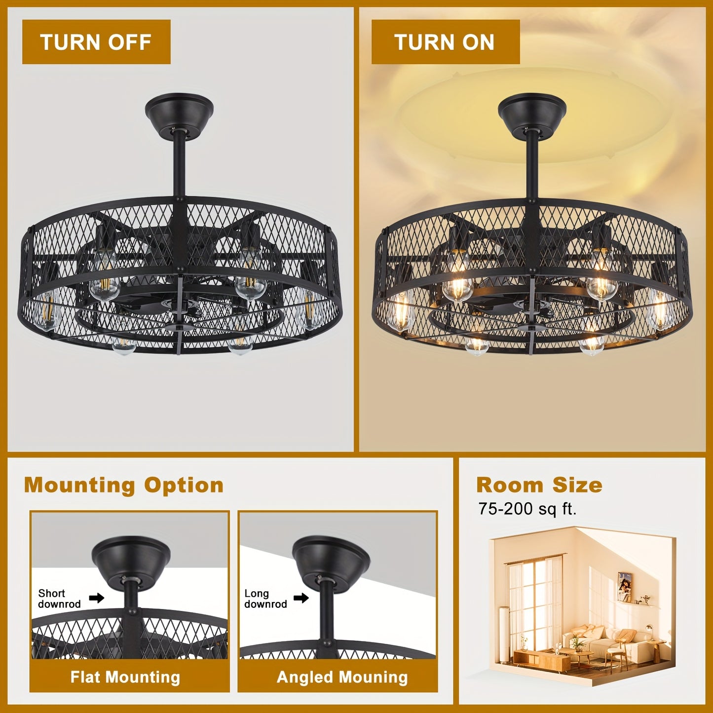 Industrial Ceiling Fan with Light and Remote Control for Spaces