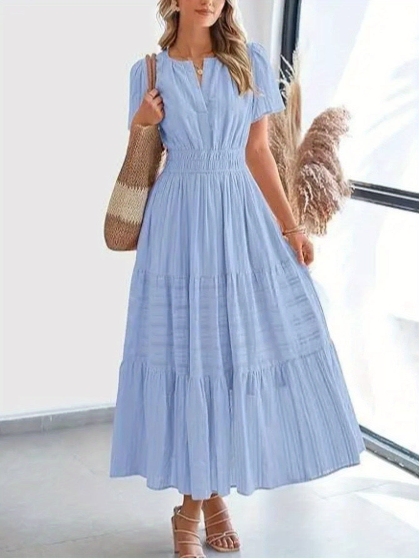 ZOELNIC Pleated Bubble Sleeve Dress V Neck Elegant Swing