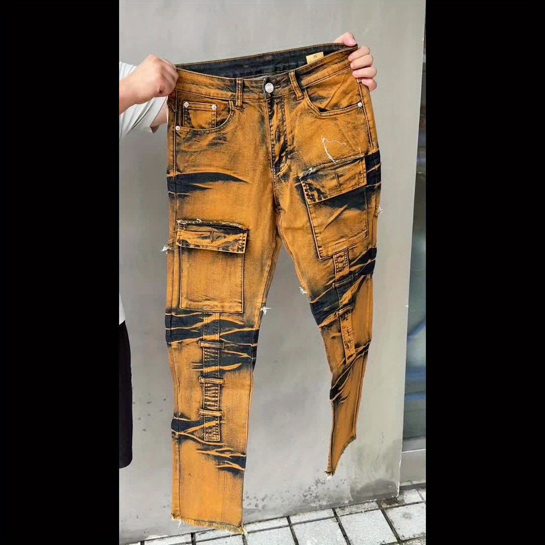 Mens Straight Cut Ripped Camouflage Jeans Streetwear