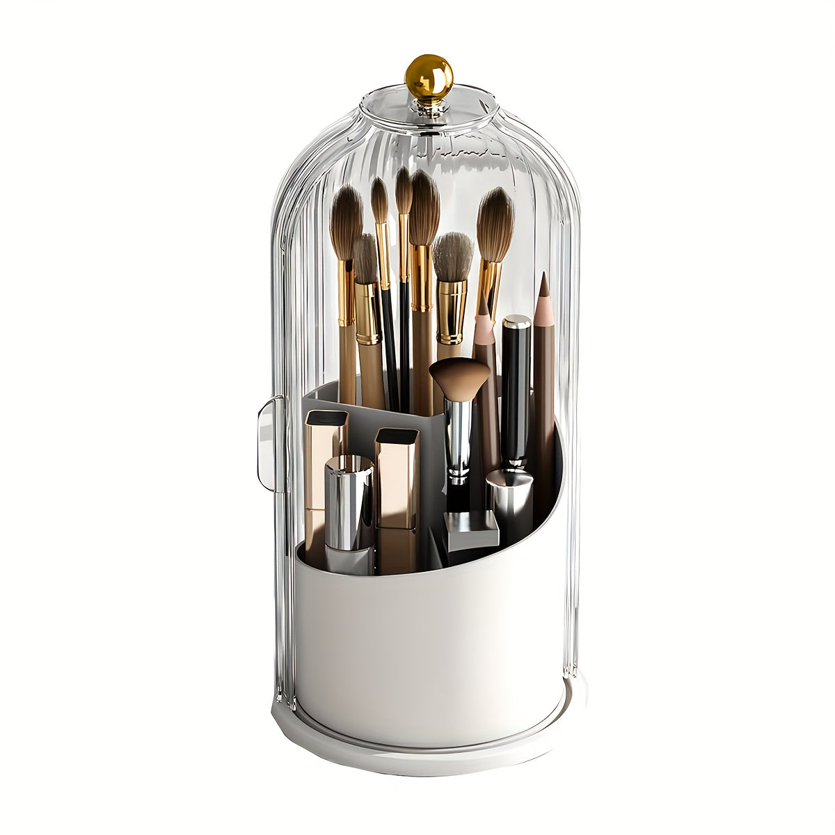 Elegant Rotating Makeup Holder 360 Degree Makeup Brush Organizer Dustproof Transparent Storage Box Sleek Black and Gold Ideal for Vanity Bathroom Countertops
