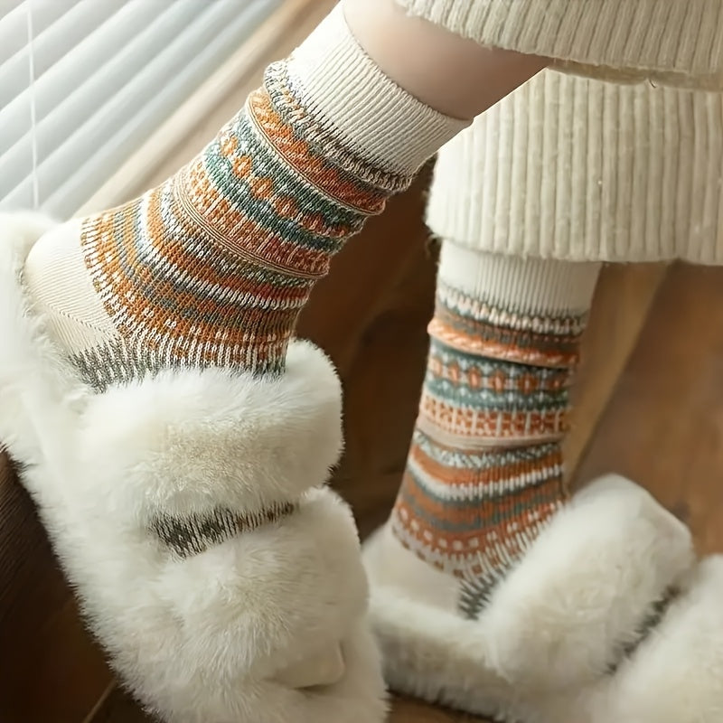 Retro Ethnic Mid Calf Socks For Women Chunky Knit Autumn