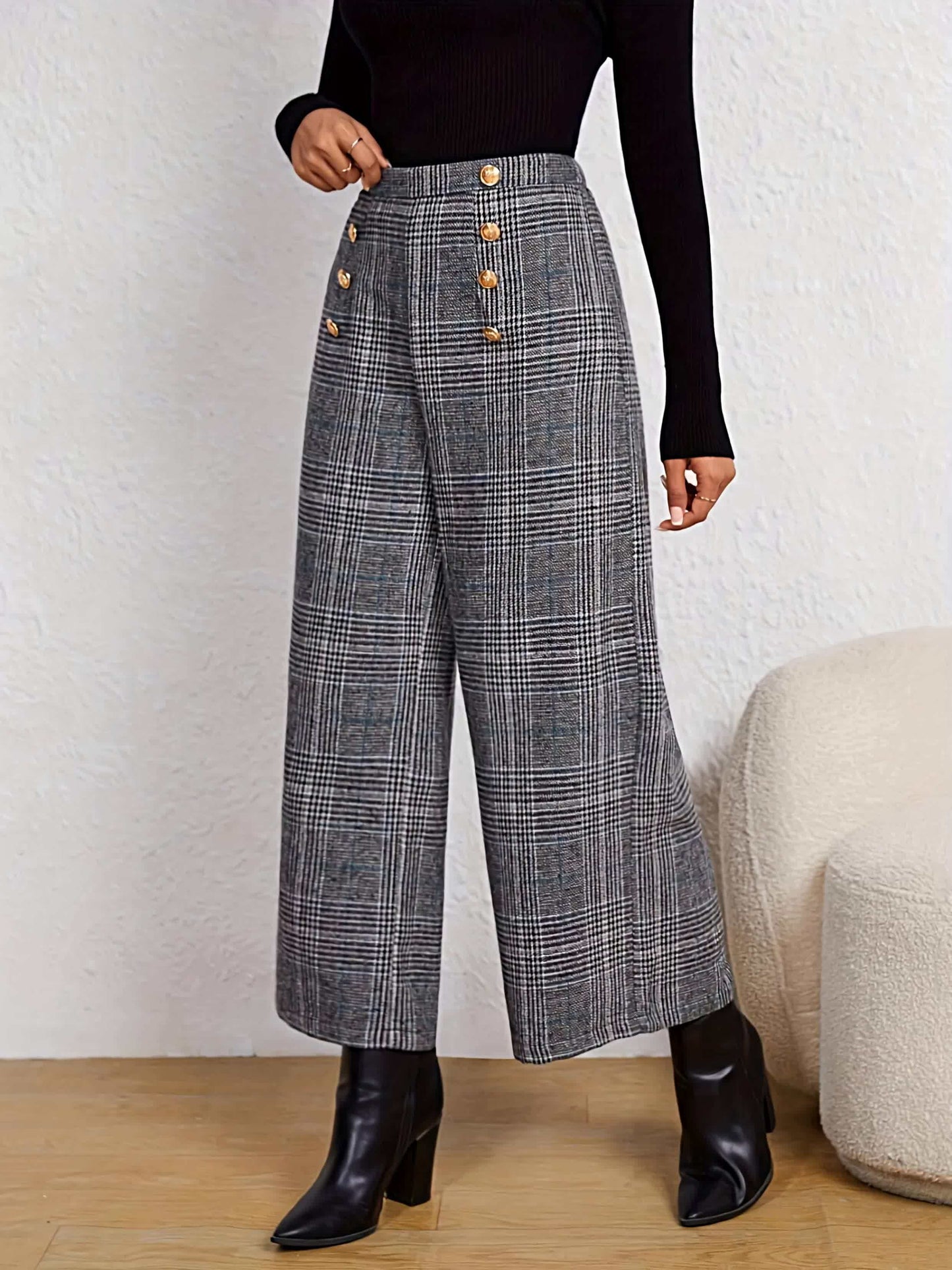 Plaid Print Wide Leg Pants With Button High Waist For All Season Spring And Summer
