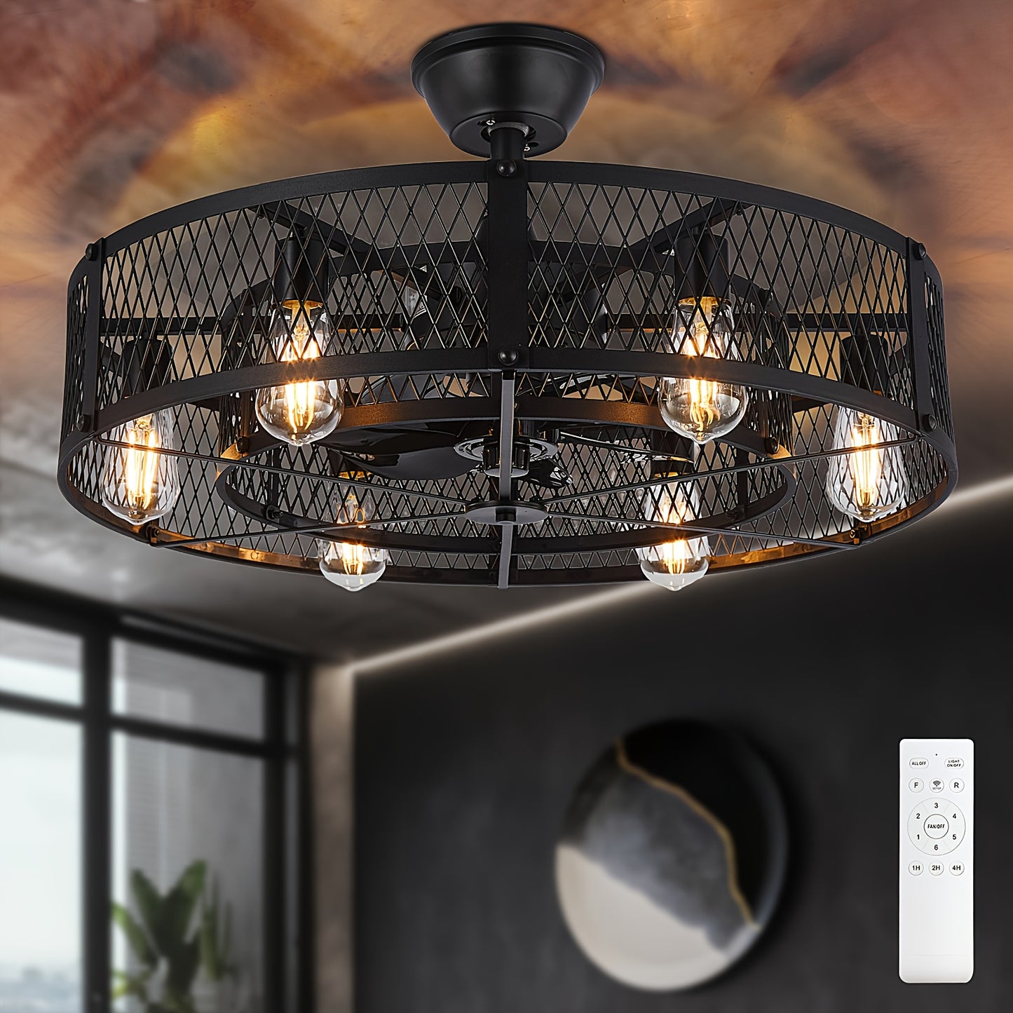 Industrial Ceiling Fan with Light and Remote Control for Spaces
