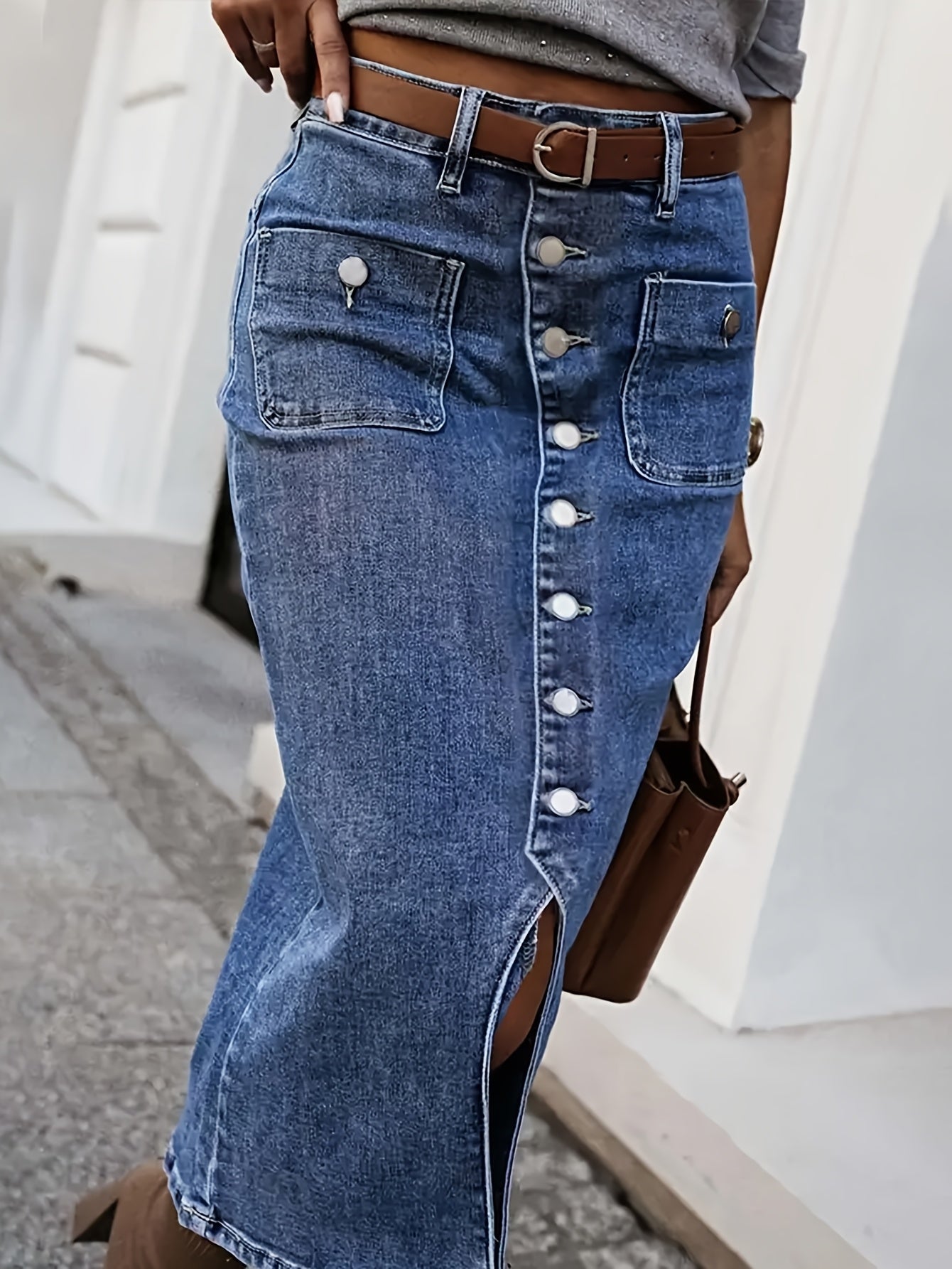 Elegant Denim Midi Skirt With Button Front And Slits