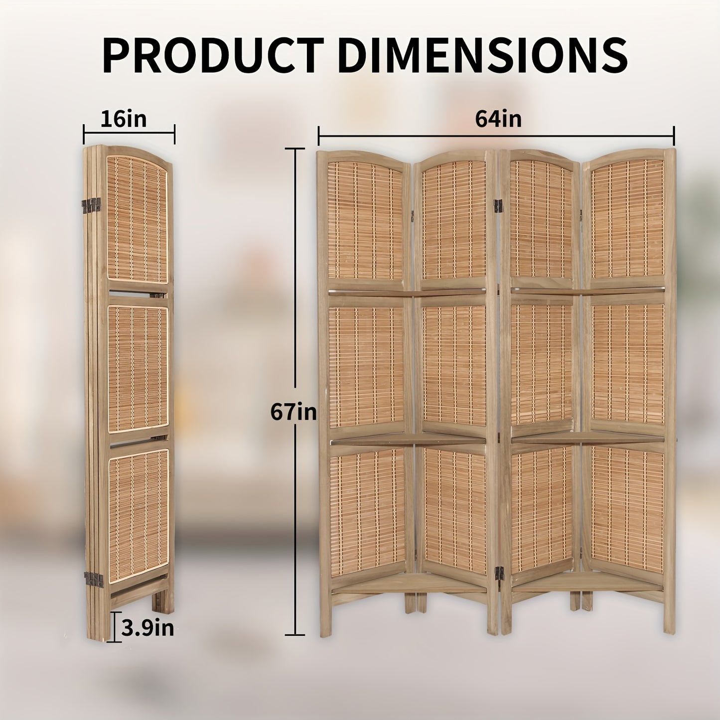 ZFFURN 4 Panel Folding Wood And Bamboo Privacy Screen