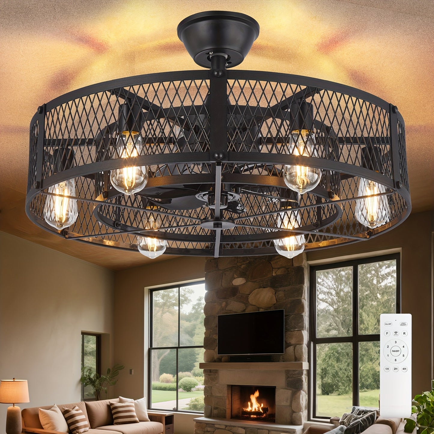 Industrial Ceiling Fan with Light and Remote Control for Spaces