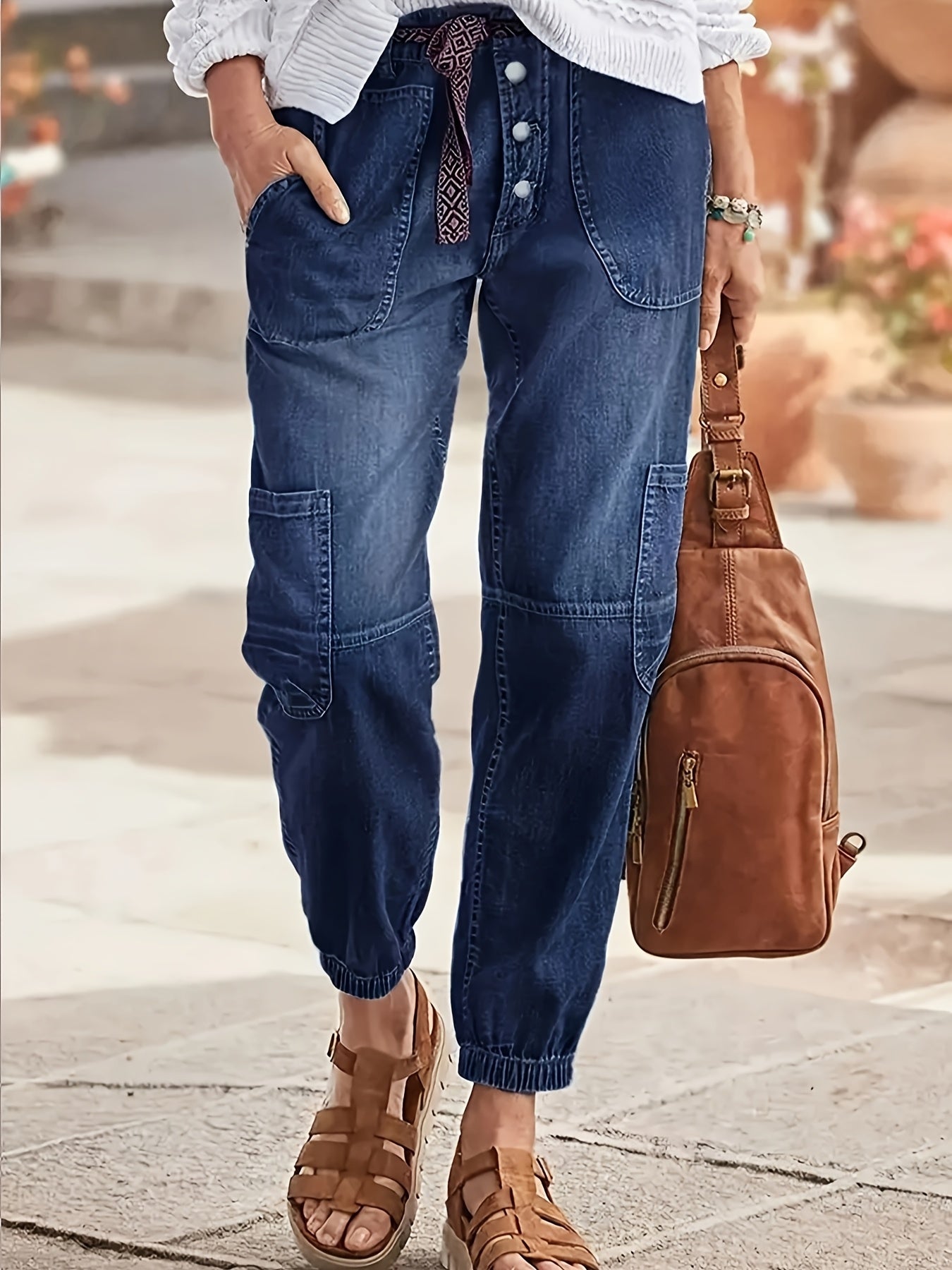 HME Womens Vintage Cargo Jeans Stretch Cropped Denim