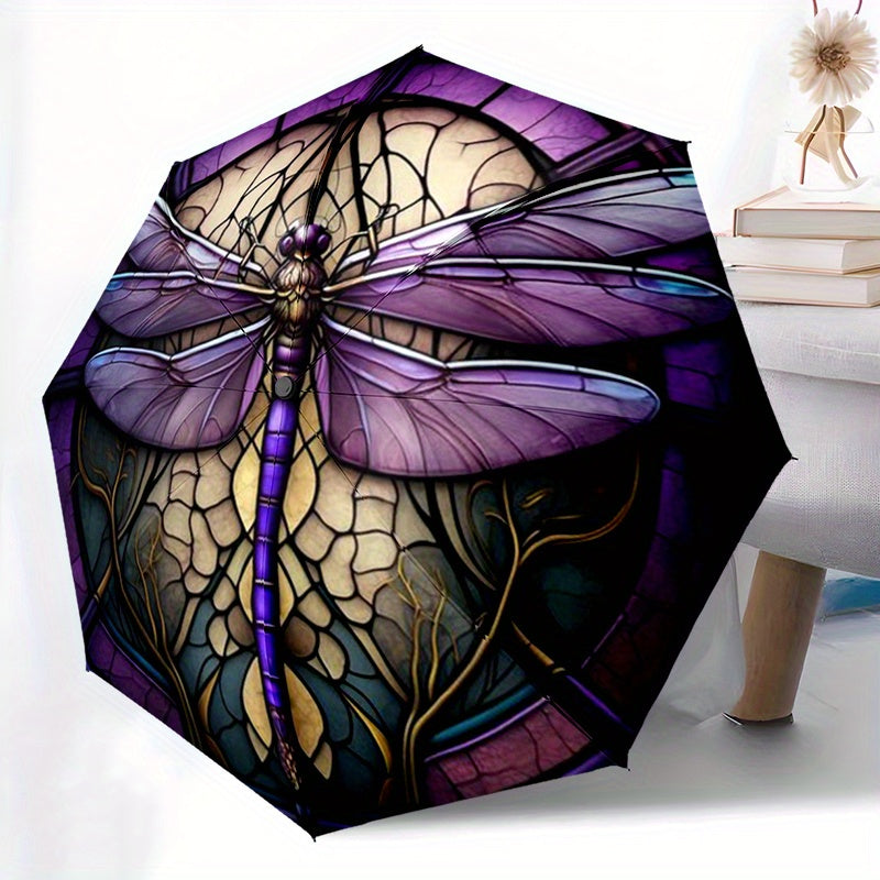 Windproof Automatic Umbrella with Elegant Purple and Golden Stained Glass Dragonfly Pattern Portable Folding Design Lightweight for Women and Men