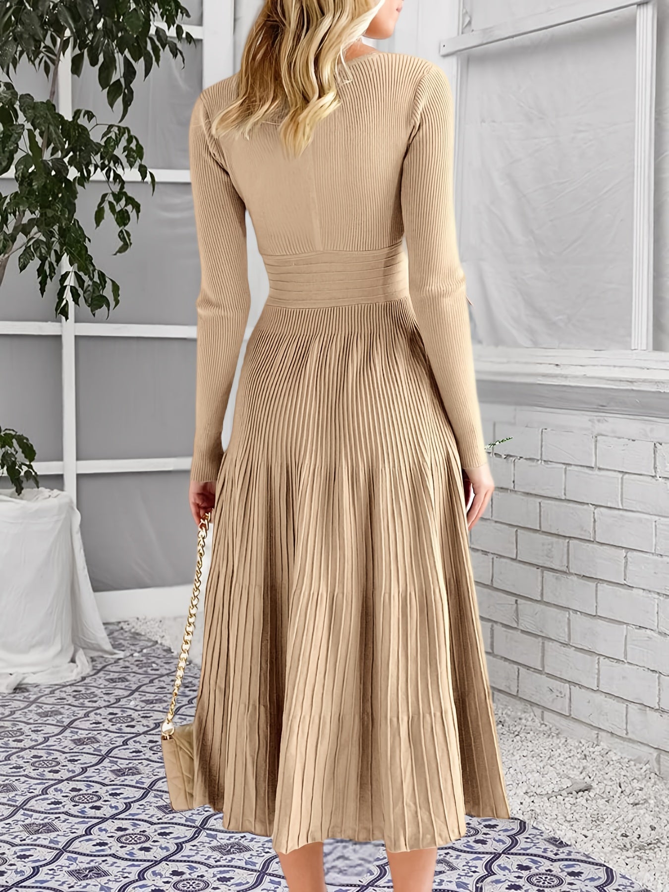 Womens V Neck Midi Sweater Dress Wrap Pleated A Line