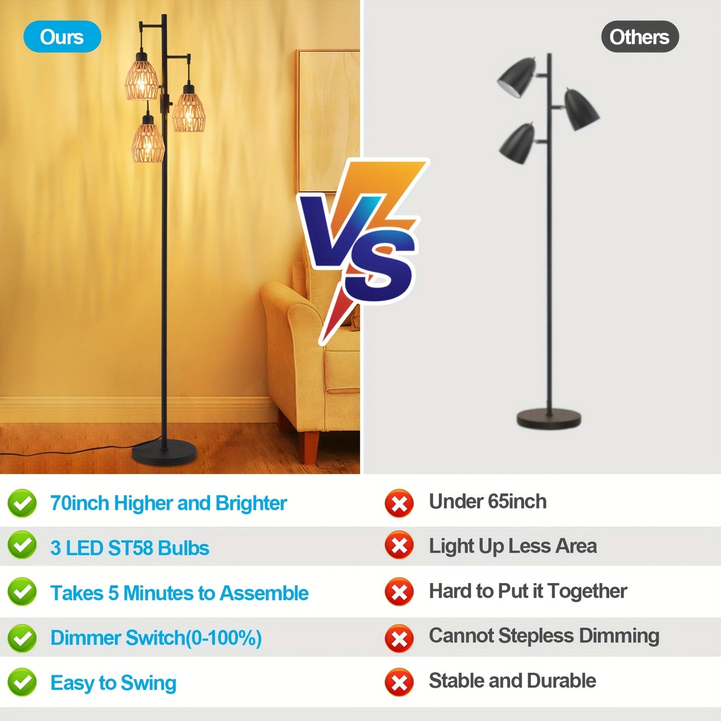 Boho Rattan Tree Floor Lamp With Dimmable Adjustable Lighting