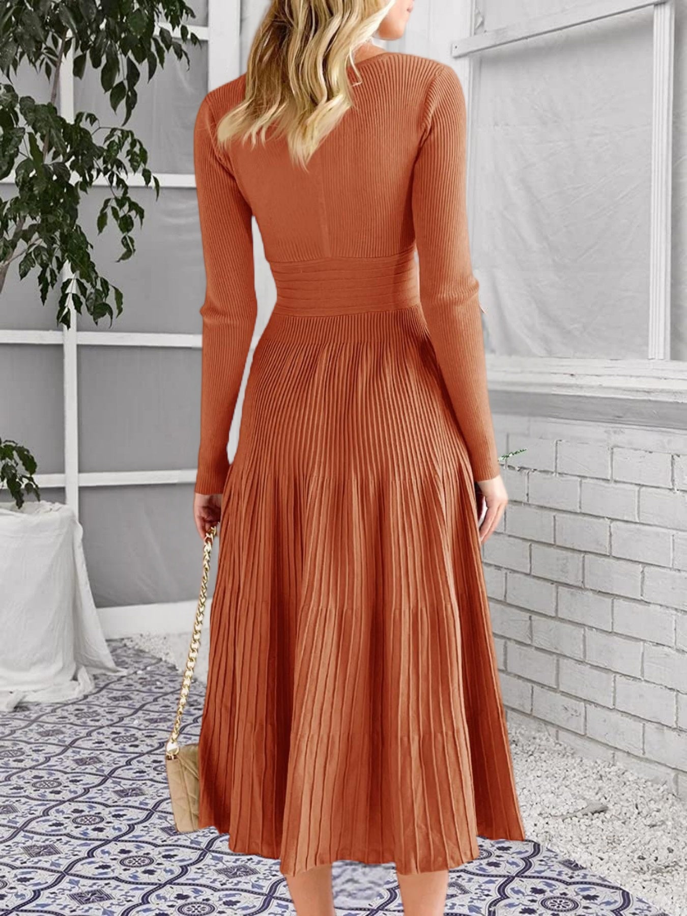 Womens V Neck Midi Sweater Dress Wrap Pleated A Line