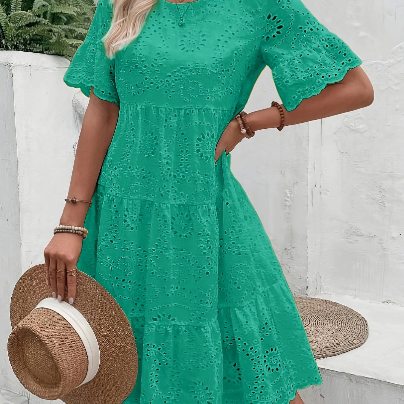 Lined Embroidered Lace Eyelet A Line Dress Button Front