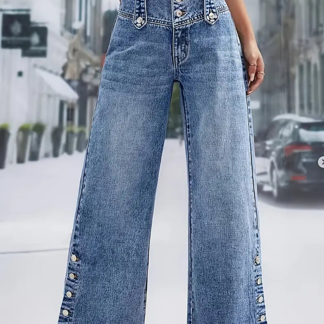 Casual Denim Baggy Wide Leg Jeans for Women Loose Fit Button Waist with Open Button Foot Design