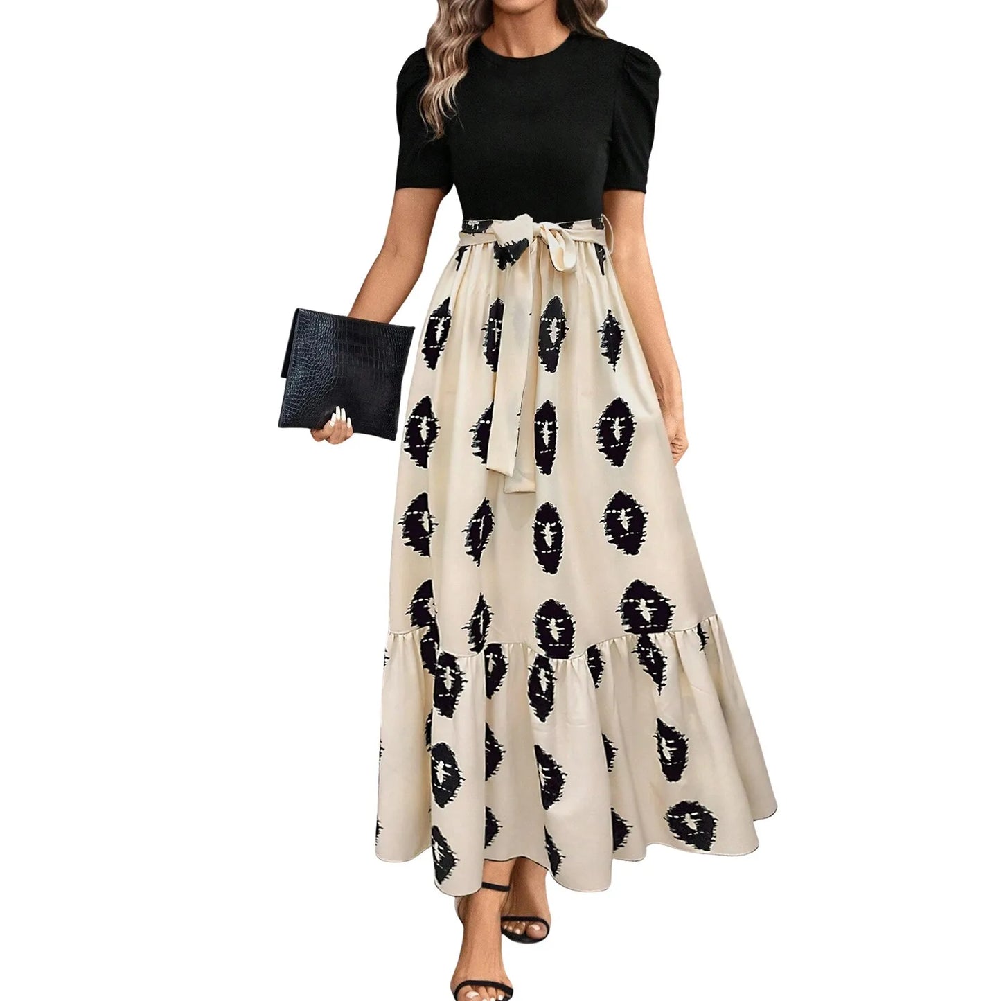 ISHOWTIENDACN Elegant Floral Print High Waist Dresses