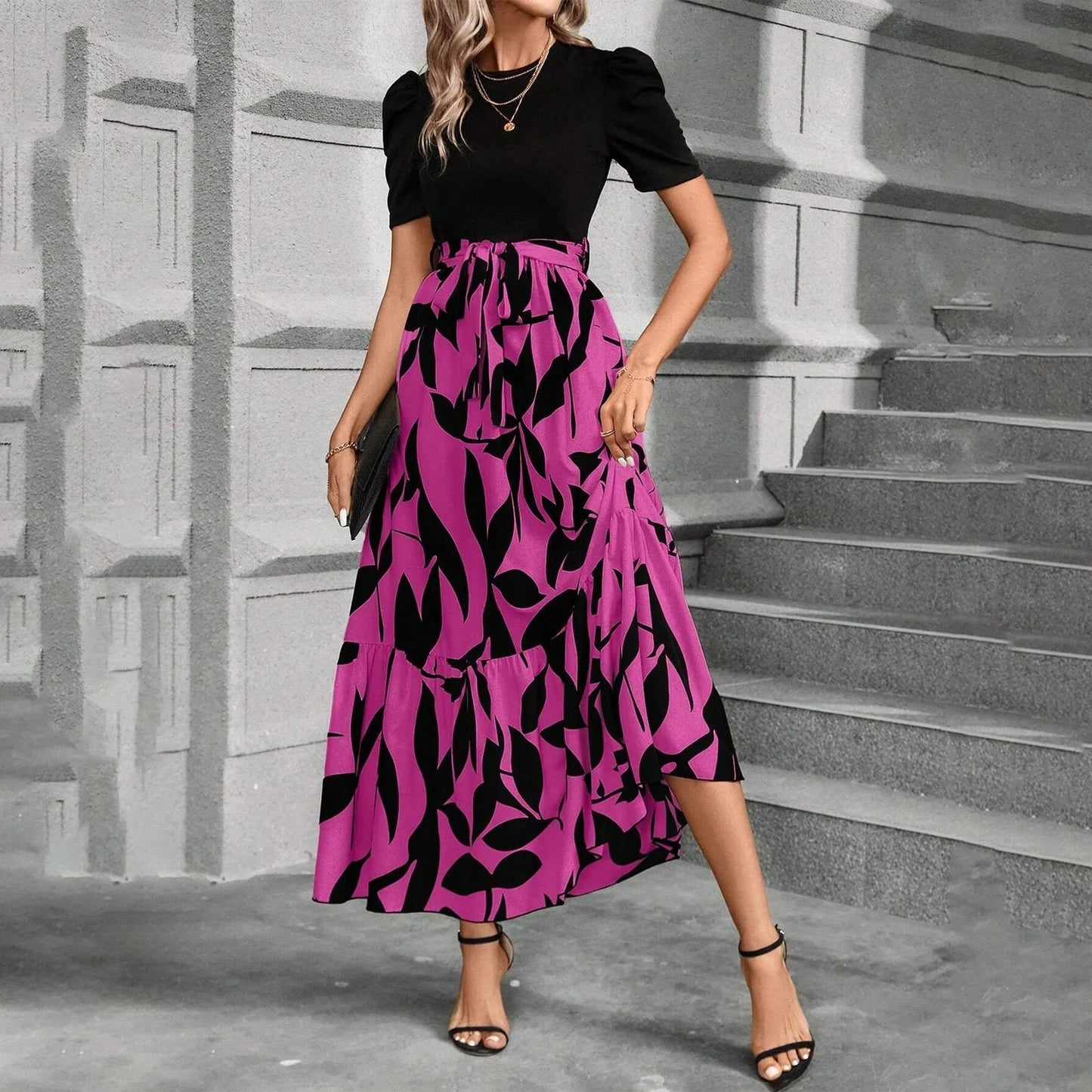 ISHOWTIENDACN Elegant Floral Print High Waist Dresses