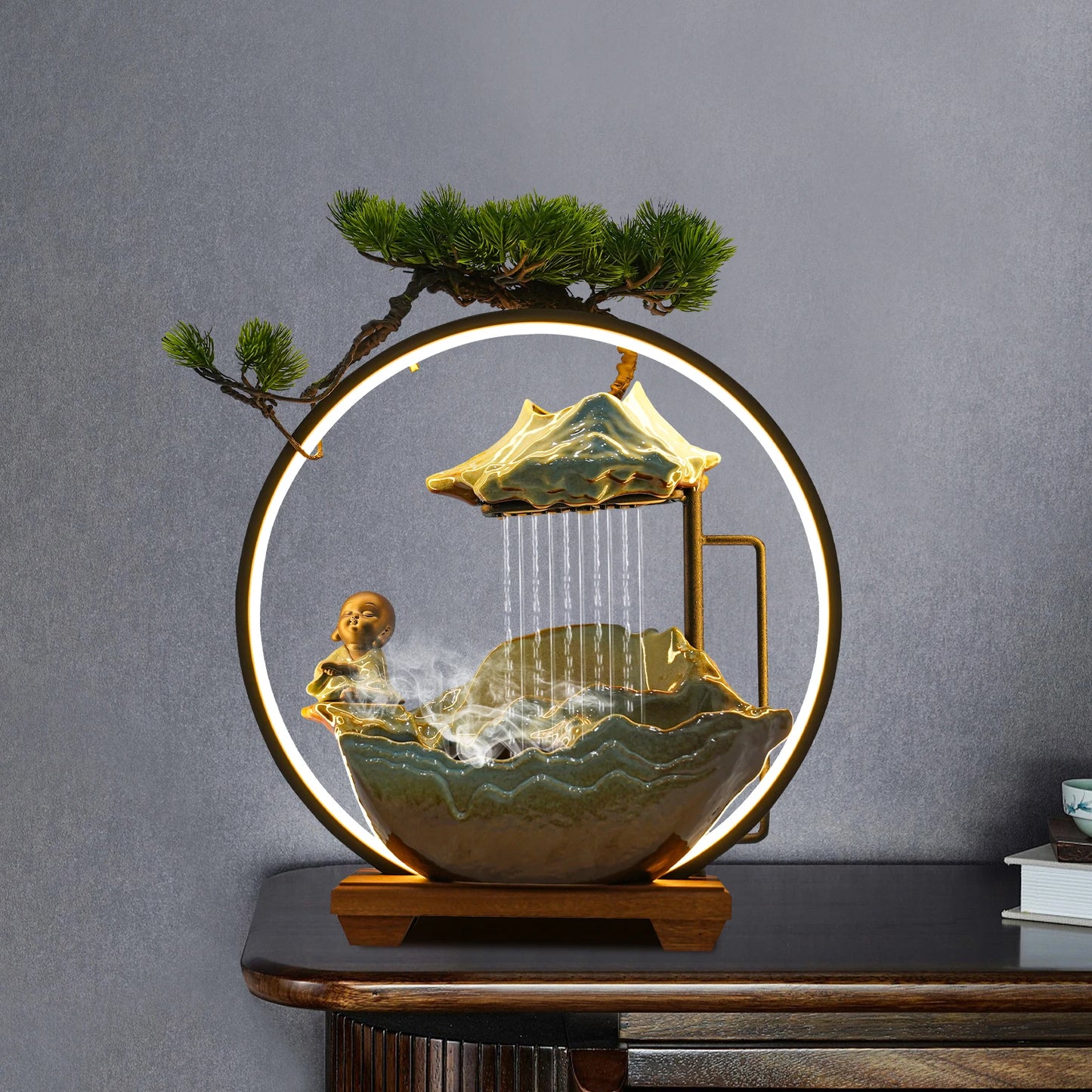 Bymaocar Modern Ceramic Wood Tabletop Water Fountain