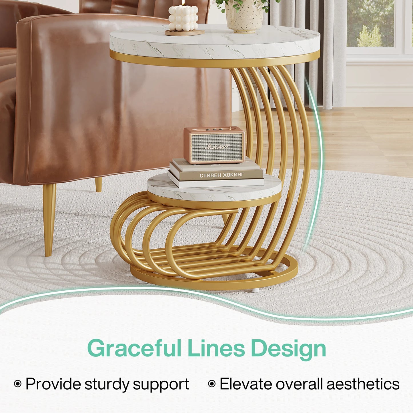 Tribesigns Gold Round End Table with Faux Marble Shelf