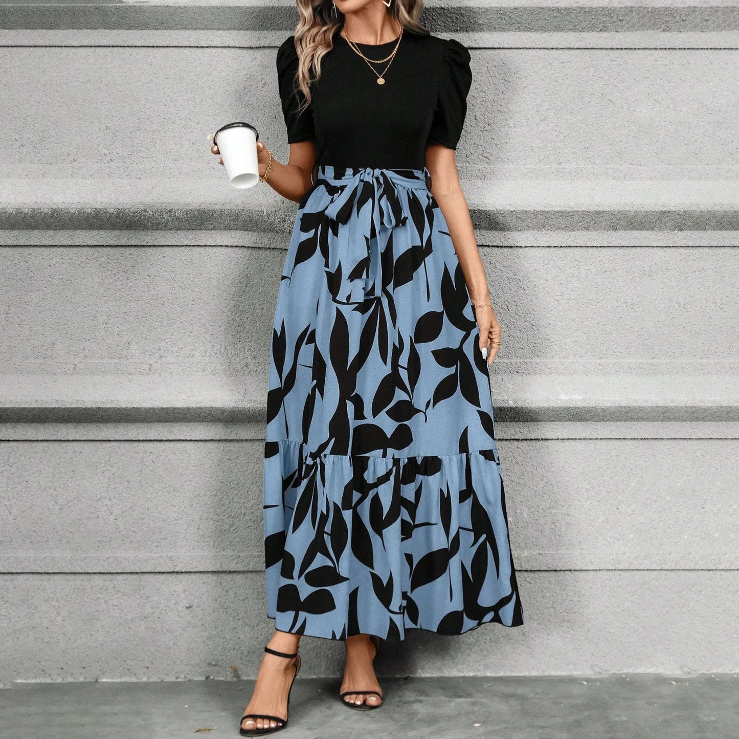 ISHOWTIENDACN Elegant Floral Print High Waist Dresses