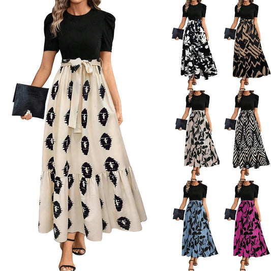 ISHOWTIENDACN Elegant Floral Print High Waist Dresses