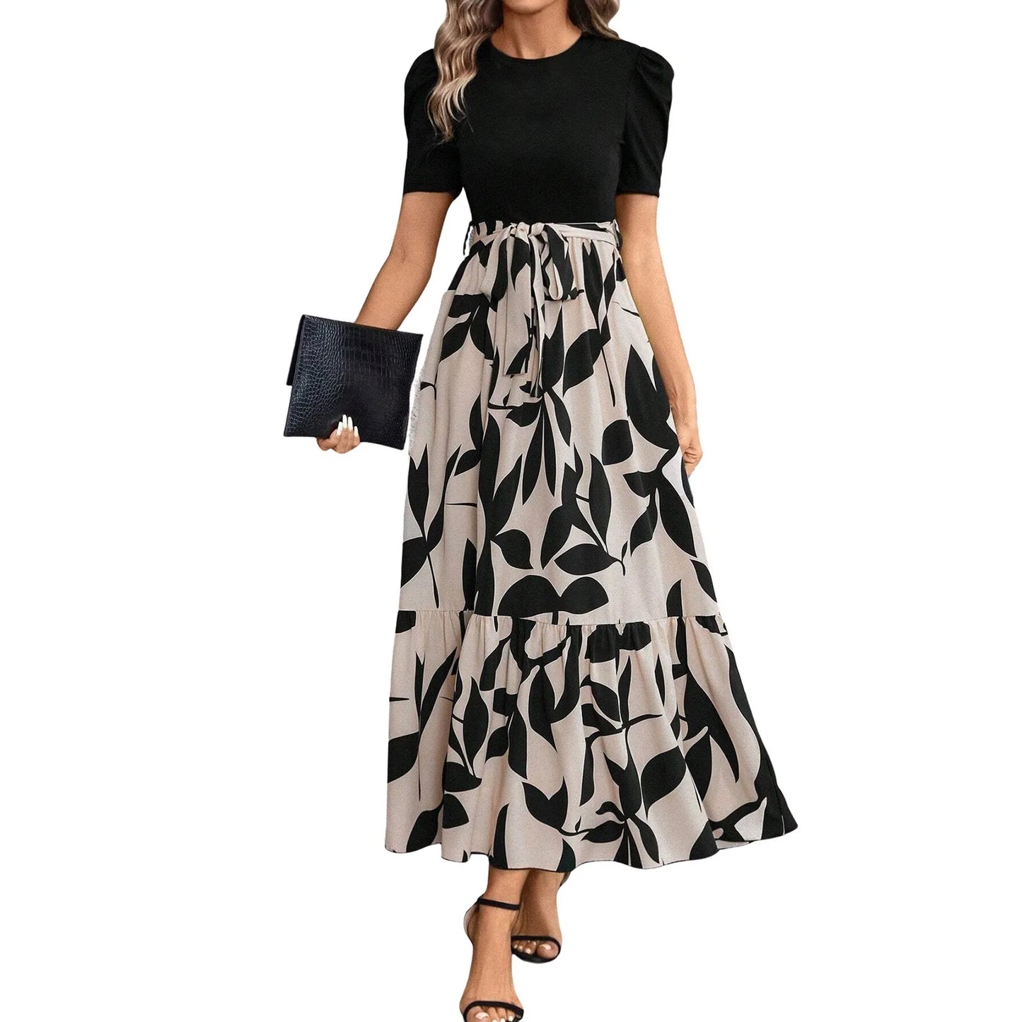 ISHOWTIENDACN Elegant Floral Print High Waist Dresses