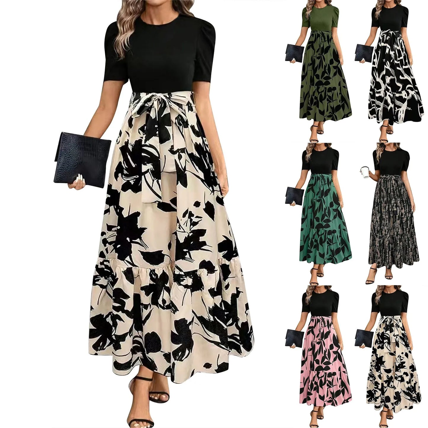 Floral Print High Waist Maxi Dress for Women Spring