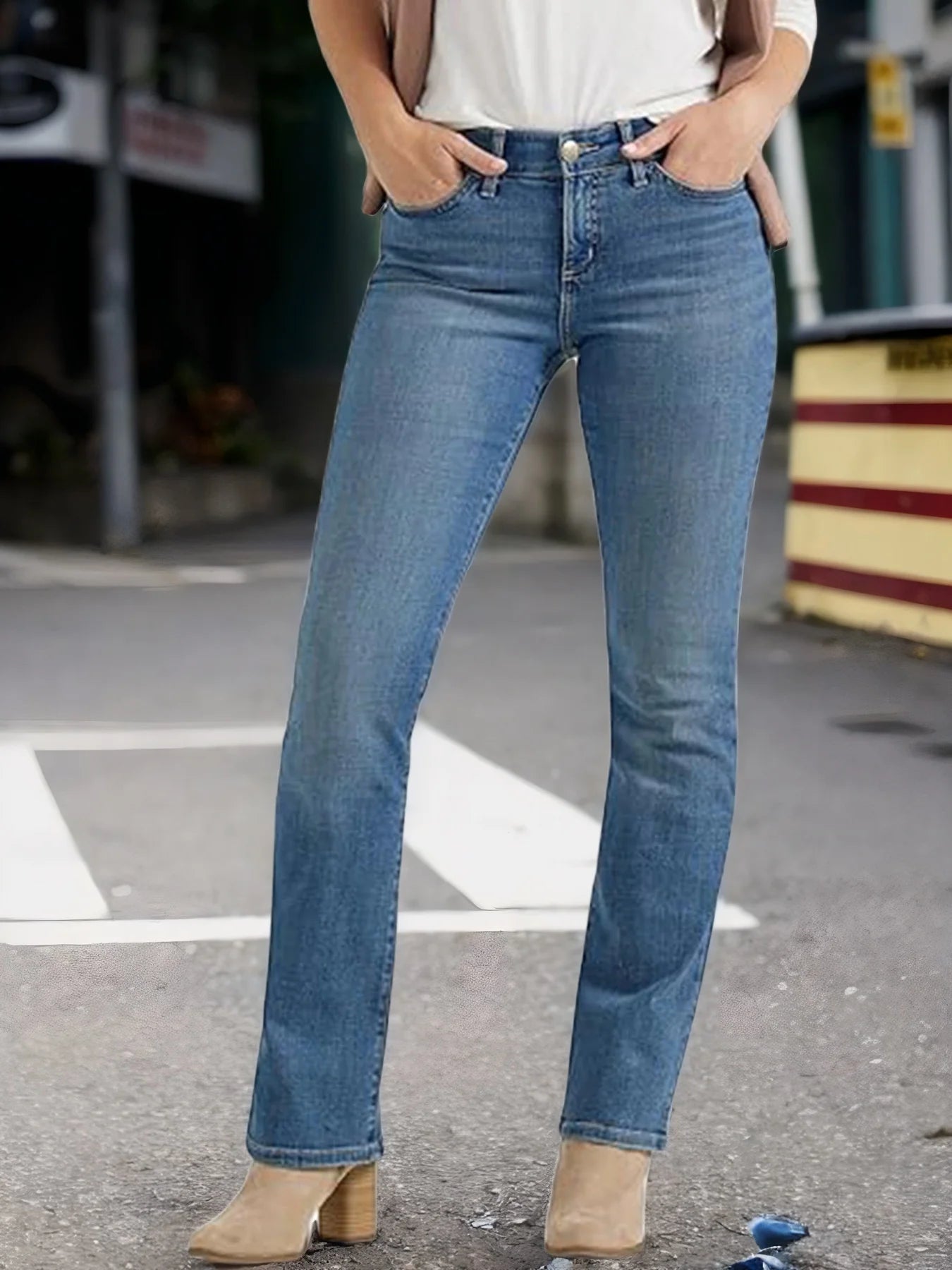 Womens Mid Rise Elastic Slim Straight Jeans Slanted Pockets