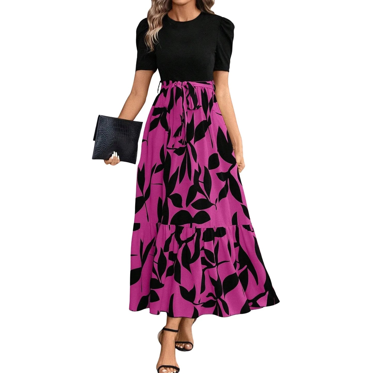 ISHOWTIENDACN Elegant Floral Print High Waist Dresses
