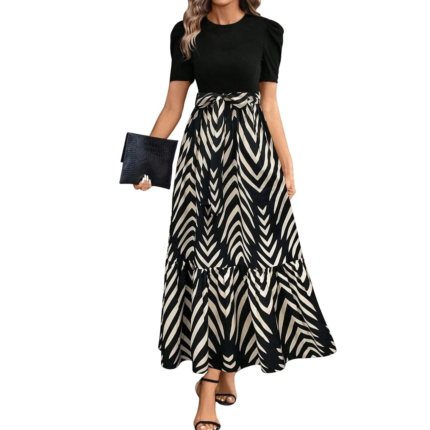 ISHOWTIENDACN Elegant Floral Print High Waist Dresses