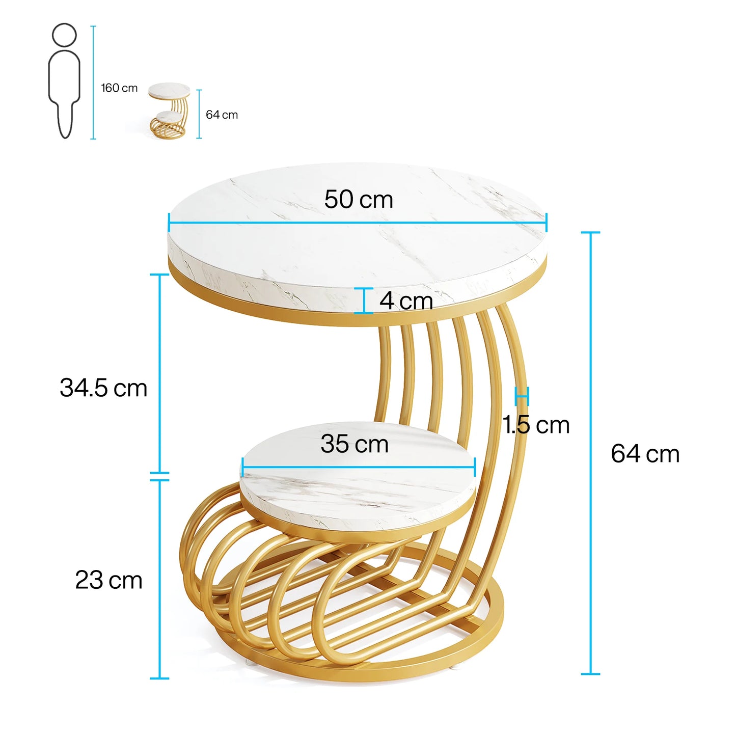 Tribesigns Gold Round End Table with Faux Marble Shelf