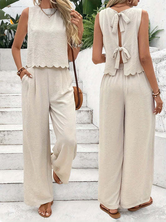 Women's Petal Edge Tie Waist Pants Vest Set Essential