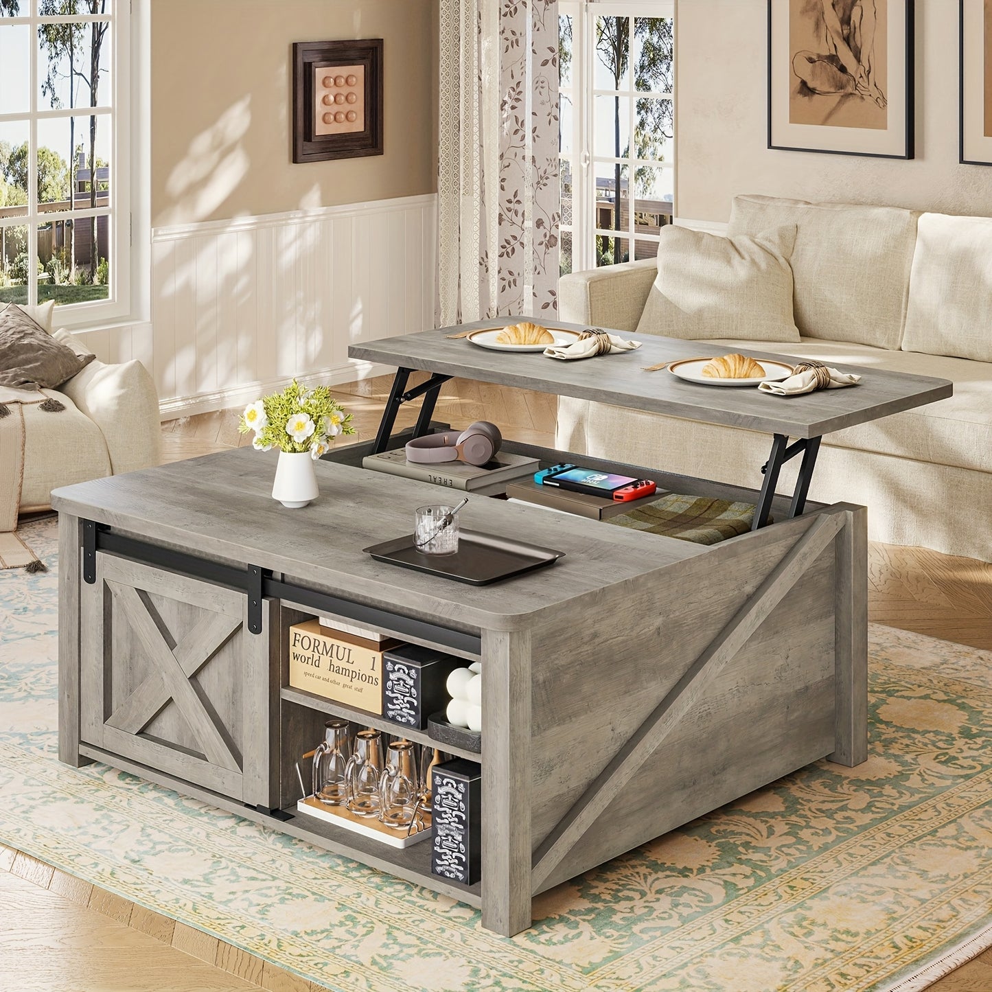 MSMASK Farmhouse Lift Top Coffee Table With Storage