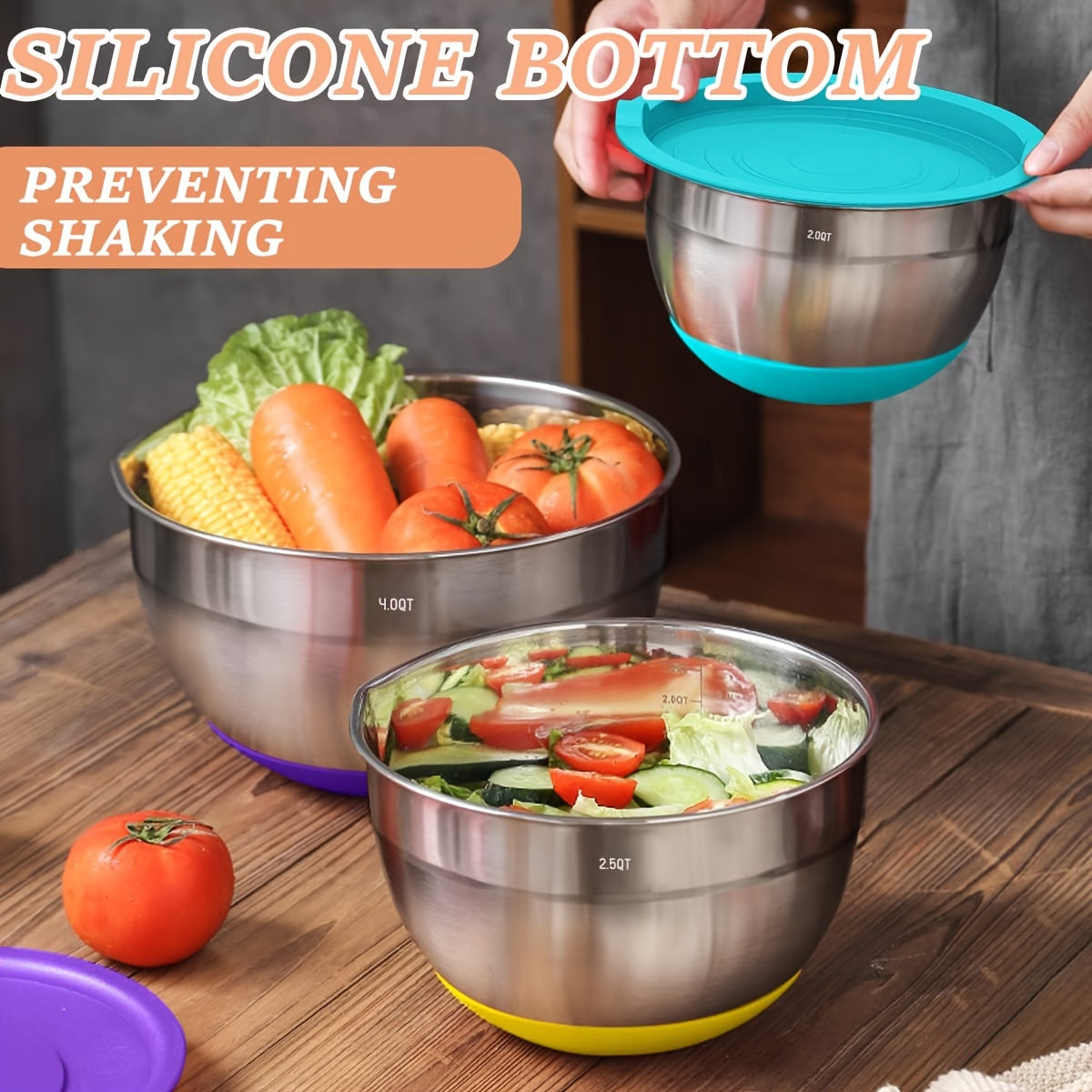 Stainless Steel Mixing Bowls Set with Airtight Lids and Tools