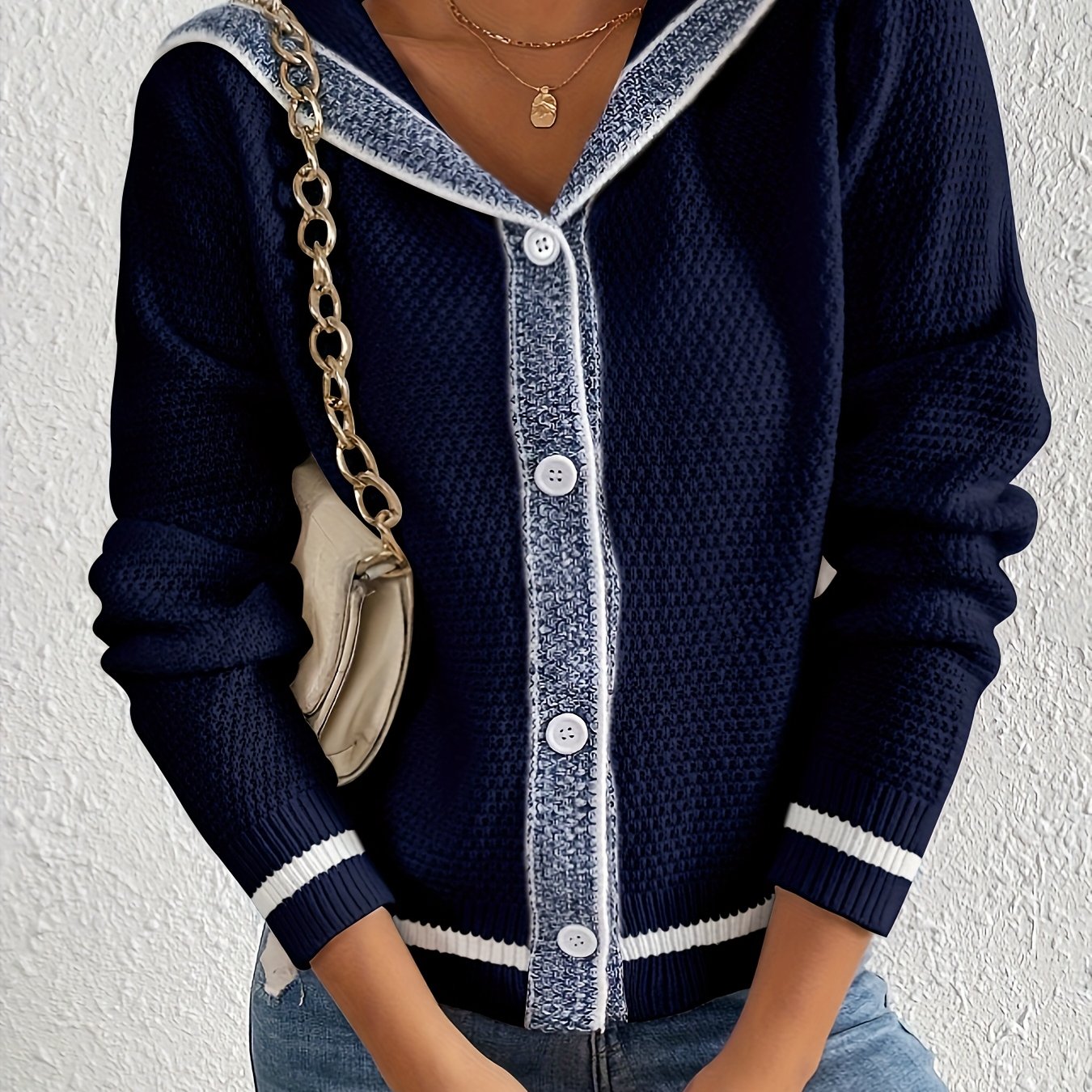 Womens Elegant Color Block Button Front Cardigan for Casual Wear